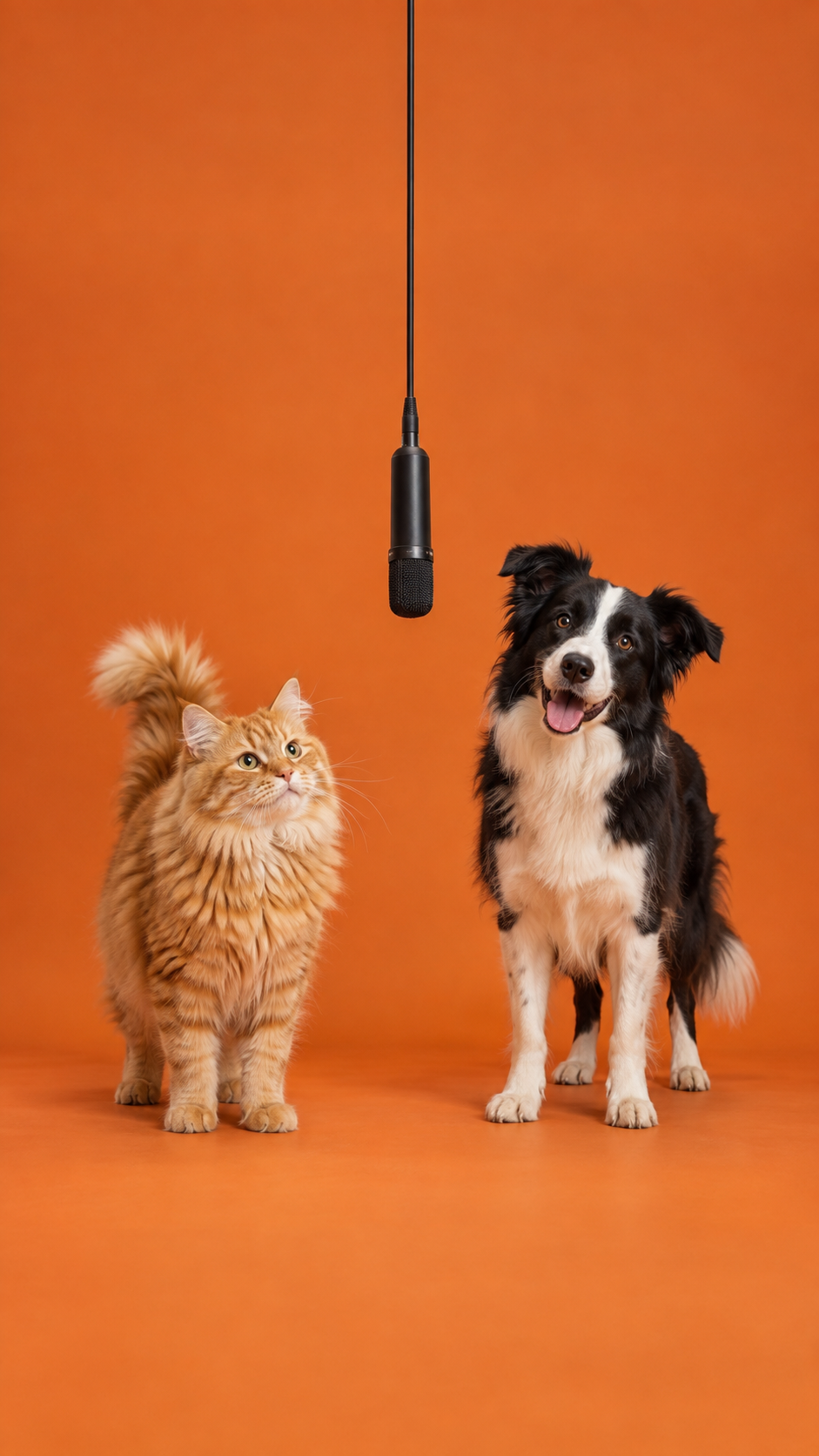 Original concept image of two pets at a microphone